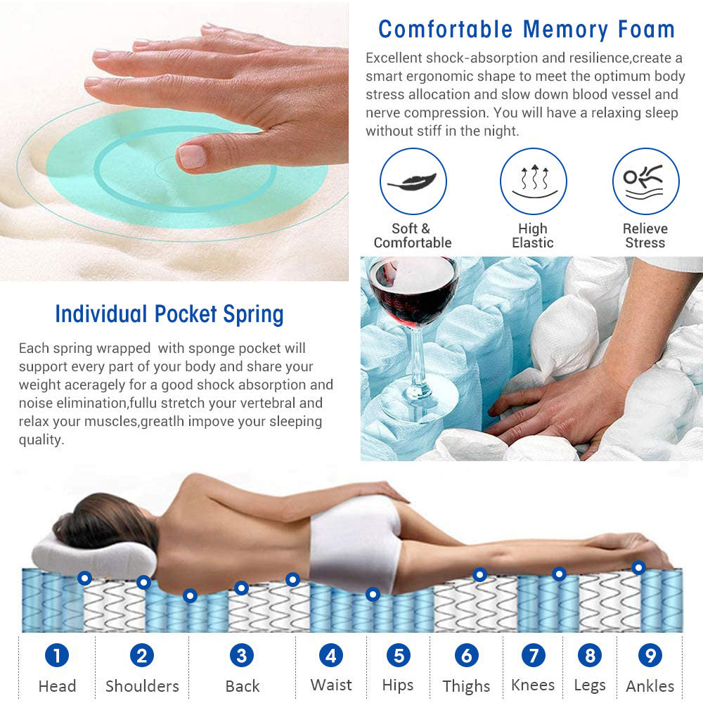 WOWTTRELAX Single Mattress, 8 Inch Pocket Sprung Memory Foam Mattress with Breathable Fabric, Medium Firm Feel - 9-Zone Orthopaedic Mattress